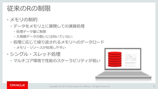 Copyright © 2017 Oracle and/or its affiliates. All rights reserved.
従来のRの制限
• メモリの制約
• データをメモリ上に展開しての演算処理
• 処理データ量に制限
• 大規模データの扱いには向いていない
• 処理に応じて繰り返されるメモリへのデータロード
• メモリ・リソースが枯渇しやすい
• シングル・スレッド処理
• マルチコア環境で性能のスケーラビリティが低い
25
 