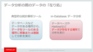 Copyright © 2017 Oracle and/or its affiliates. All rights reserved.
データ分析の際のデータの「在り処」
34
データベースなど
データがある場所から、
データをツールのある
場所に移動または複製
して分析を実行
典型的な統計解析ツール in-Database データ分析
データベースや
Hadoopなど
データが存在する場所で
分析を実行
 