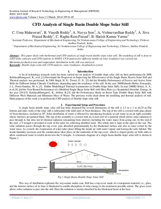 Cfd Analysis Of Single Basin Double Slope Solar Still
