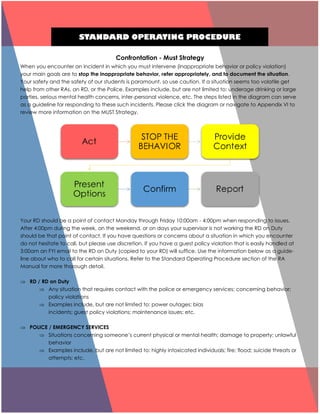 STANDARD OPERATING PROCEDURE
Confrontation - Must Strategy
When you encounter an incident in which you must intervene (inappropriate behavior or policy violation)
your main goals are to stop the inappropriate behavior, refer appropriately, and to document the situation.
Your safety and the safety of our students is paramount, so use caution. If a situation seems too volatile get
help from other RAs, an RD, or the Police. Examples include, but are not limited to: underage drinking or large
parties, serious mental health concerns, inter-personal violence, etc. The steps listed in the diagram can serve
as a guideline for responding to these such incidents. Please click the diagram or navigate to Appendix VI to
review more information on the MUST Strategy.
Your RD should be a point of contact Monday through Friday 10:00am - 4:00pm when responding to issues.
After 4:00pm during the week, on the weekend, or on days your supervisor is not working the RD on Duty
should be that point of contact. If you have questions or concerns about a situation in which you encounter
do not hesitate to call, but please use discretion. If you have a guest policy violation that is easily handled at
3:00am an FYI email to the RD on Duty (copied to your RD) will suffice. Use the information below as a guide-
line about who to call for certain situations. Refer to the Standard Operating Procedure section of the RA
Manual for more thorough detail.
 RD / RD on Duty
 Any situation that requires contact with the police or emergency services; concerning behavior;
policy violations
 Examples include, but are not limited to: power outages; bias
incidents; guest policy violations; maintenance issues; etc.
 POLICE / EMERGENCY SERVICES
 Situations concerning someone’s current physical or mental health; damage to property; unlawful
behavior
 Examples include, but are not limited to: highly intoxicated individuals; fire; flood; suicide threats or
attempts; etc.
 
