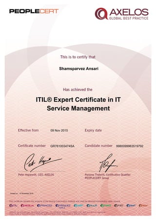 Shamsparvez Ansari
ITIL® Expert Certificate in IT
Service Management
09 Nov 2015
GR761003474SA 9980099963519792
Printed on 10 November 2015
 