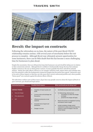 www.traverssmith.com
Brexit: the impact on contracts
Following the referendum on 23 June, the nature of the post-Brexit UK/EU
relationship remains unclear, with several years of uncertainty before the exit
process is complete. Although Brexit may ultimately present opportunities for
some businesses, there can be little doubt that this has become a more challenging
time for businesses to plan ahead.
Despite this uncertainty, there are still practical steps that businesses can and should be taking now in relation
to their commercial contracts. Although Brexit is unlikely to fundamentally change the laws that underpin
English contracts or the way in which parties contract, it seems probable that there will still be material
impacts. Indeed, the wider effects of Brexit on, for example, tariff-free trade, import duties and exchange rates
have the potential to affect the fundamental commercial bargain that the parties have agreed. Businesses need
to be aware of these impacts so that they can risk-assess their current contractual portfolio and, where possible,
"future-proof" new contracts against the adverse effects of Brexit.
The table below outlines some of these issues. If you have any specific concerns about the impact of Brexit on
your contracts, you should seek legal advice.
Contractual provision Possible Brexit impacts What can/should you be doing now?
CONTRACT PRICING
 Fees and charges
 Price adjustments
 VAT
 Imposition of import quotas and
tariffs
 Currency value and exchange rate
fluctuations
 Inflationary pressures on raw
materials
 Increased costs of export and
distribution
 Changes in tax law
 Use flexible pricing models where possible
 For fixed pricing, clearly set out:
o assumptions on which the charges
are based
o period for the charges will apply
 Require the parties to renegotiate if pricing
assumptions cease to apply
 Include mandatory change control
mechanisms to allow contract pricing to be
varied as a result of changes in law (see
further below)
 