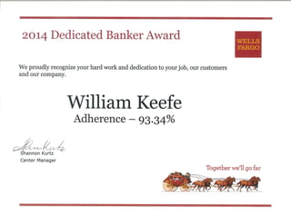 Wells Fargo Banker Award 93.34% Adherence