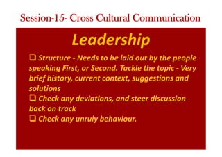 Leadership
q Structure - Needs to be laid out by the people
speaking First, or Second. Tackle the topic - Very
brief history, current context, suggestions and
solutions
q Check any deviations, and steer discussion
back on track
q Check any unruly behaviour.
Session-15- Cross Cultural Communication