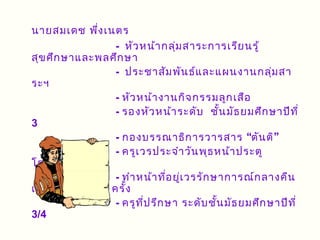 นายสมเดช พึ่ง เนตร
                  - หัว หน้า กลุ่ม สาระการเรีย นรู้
สุข ศึก ษาและพลศึก ษา
                  - ประชาสัม พัน ธ์แ ละแผนงานกลุ่ม สา
ระฯ
                  - หัว หน้า งานกิจ กรรมลูก เสือ
                  - รองหัว หน้า ระดับ ชั้น มัธ ยมศึก ษาปีท ี่
3
                  - กองบรรณาธิก ารวารสาร “ตัน ติ”
                  - ครูเ วรประจำา วัน พุธ หน้า ประตู
โรงเรีย น
                  - ทำา หน้า ที่อ ยู่เ วรรัก ษาการณ์ก ลางคืน
เฉลี่ย เดือ นละ 1 ครั้ง
                  - ครูท ี่ป รึก ษา ระดับ ชั้น มัธ ยมศึก ษาปีท ี่
3/4
 