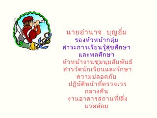 นายอำา นาจ บุญ อิ่ม
     รองหัว หน้า กลุ่ม
สาระการเรีย นรู้ส ข ศึก ษา
                      ุ
      และพลศึก ษา
หัว หน้า งานชุม นุม สัม พัน ธ์
สารวัต นัก เรีย นและรัก ษา
      ความปลอดภัย
  ปฏิบ ัต ิห น้า ทีต รวจเวร
                   ่
         กลางคืน
  งานอาคารสถานที่/สิง     ่
         แวดล้อ ม
 