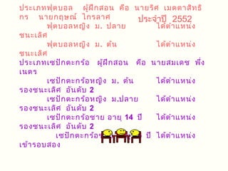 ประเภทฟุต บอล ผู้ฝ ึก สอน คือ นายริศ เมตตาสิท ธิ
กร นายกฤษณ์ ไกรลาศ                ประจำาปี 2552
        ฟุต บอลหญิง ม. ปลาย            ได้ต ำา แหน่ง
ชนะเลิศ
        ฟุต บอลหญิง ม. ต้น             ได้ต ำา แหน่ง
ชนะเลิศ
ประเภทเซปัก ตะกร้อ ผู้ฝ ึก สอน คือ นายสมเดช พึ่ง
เนตร
        เซปัก ตะกร้อ หญิง ม. ต้น       ได้ต ำา แหน่ง
รองชนะเลิศ อัน ดับ 2
        เซปัก ตะกร้อ หญิง ม.ปลาย       ได้ต ำา แหน่ง
รองชนะเลิศ อัน ดับ 2
        เซปัก ตะกร้อ ชาย อายุ 14 ปี    ได้ต ำา แหน่ง
รองชนะเลิศ อัน ดับ 2
           เซปัก ตะกร้อ ชาย อายุ 16 ปี ได้ต ำา แหน่ง
เข้า รอบสอง
 