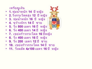 เหรีย ญเงิน
•   1. ทุ่ม นำ้า หนัก 14 ปี หญิง
•   2. วิ่ง กระโดดสูง 12 ปี หญิง
•   3. ทุ่ม นำ้า หนัก 16 ปี หญิง
•   4. ขว้า งจัก ร 14 ปี ชาย
•   5. วิ่ง 800 เมตร 16 ปี หญิง
•   6. วิ่ง 400 เมตร 14 ปี หญิง
•   7. เขย่ง ก้า วกระโดด 16 ปีห ญิง
•   8. วิ่ง 400 เมตร 16 ปี หญิง
•   9. วิ่ง 200 เมตร 12 ปี ชาย
•   10. เขย่ง ก้า วกระโดด 14 ปี ชาย
•   11. วิ่ง ผลัด 4100 เมตร 16 ปี หญิง
 