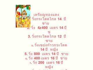 เหรีย ญทองแดง
  1. วิ่ง กระโดดไกล 14 ปี
                ชาย
  2. วิ่ง 4400 เมตร 14 ปี
                    ช
  3. วิ่ง กระโดดไกล 12 ปี
                  ชาย
      4. วิ่ง เขย่ง ก้า วกระโดด

               14 ปี หญิง
5. วิ่ง 800 เมตร 14 ปี ชาย
6. วิ่ง 400 เมตร 16 ปี ชาย

    7. วิ่ง 200 เมตร 16 ปี

                  หญิง
 