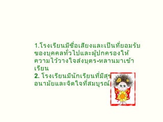 1.โรงเรีย นมีช ื่อ เสีย งและเป็น ทีย อมรับ
                                    ่
ของบุค คลทัว ไปและผู้ป กครองให้
            ่
ความไว้ว างใจส่ง บุต ร-หลานมาเข้า
เรีย น
2. โรงเรีย นมีน ัก เรีย นทีม ส ุข ภาพ
                           ่ ี
อนามัย และจิต ใจทีส มบูร ณ์แ ข็ง แรง
                       ่
 