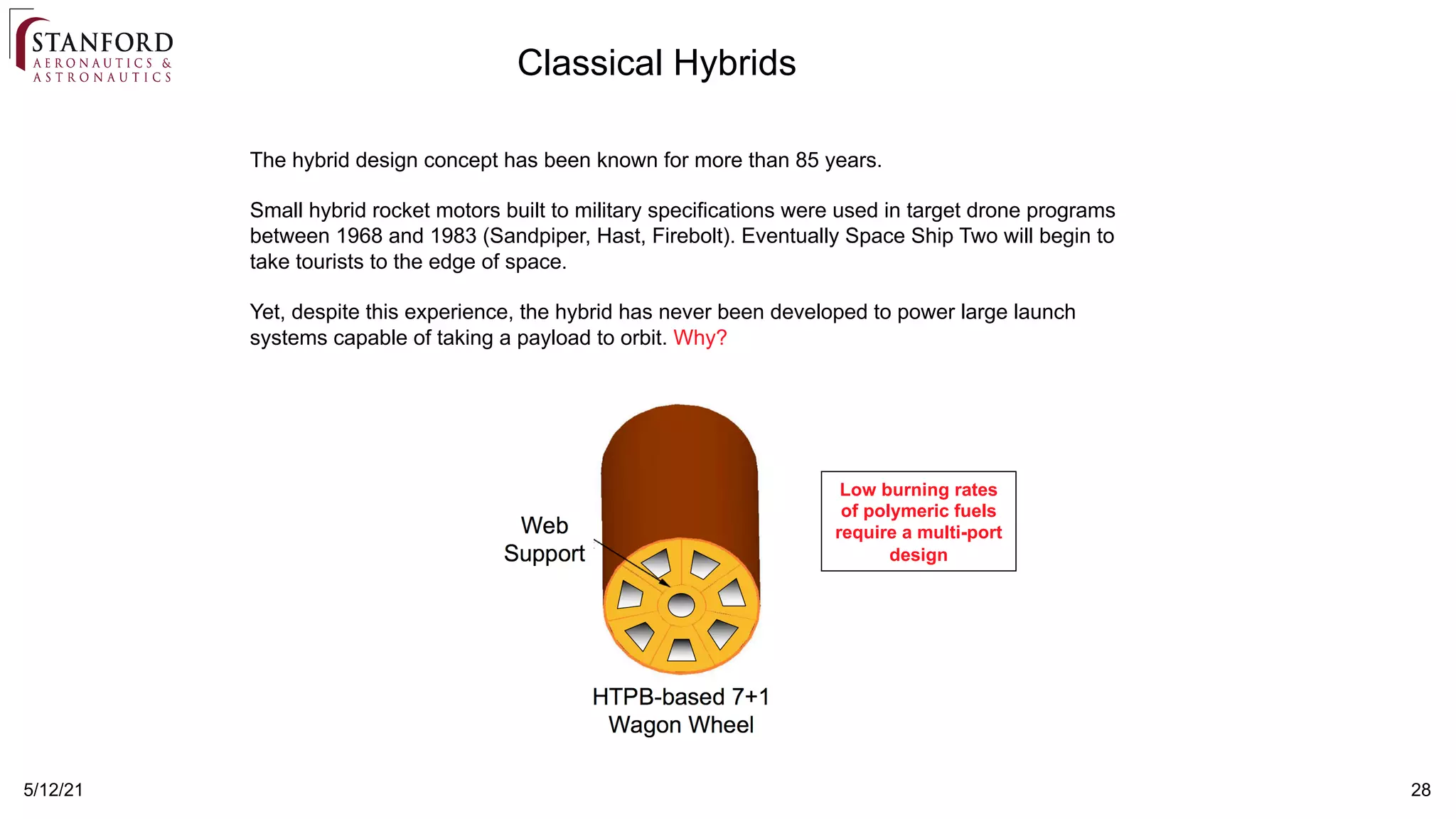28
5/12/21
Classical Hybrids
Low burning rates
of polymeric fuels
require a multi-port
design
The hybrid design concept has been known for more than 85 years.
Small hybrid rocket motors built to military specifications were used in target drone programs
between 1968 and 1983 (Sandpiper, Hast, Firebolt). Eventually Space Ship Two will begin to
take tourists to the edge of space.
Yet, despite this experience, the hybrid has never been developed to power large launch
systems capable of taking a payload to orbit. Why?
 