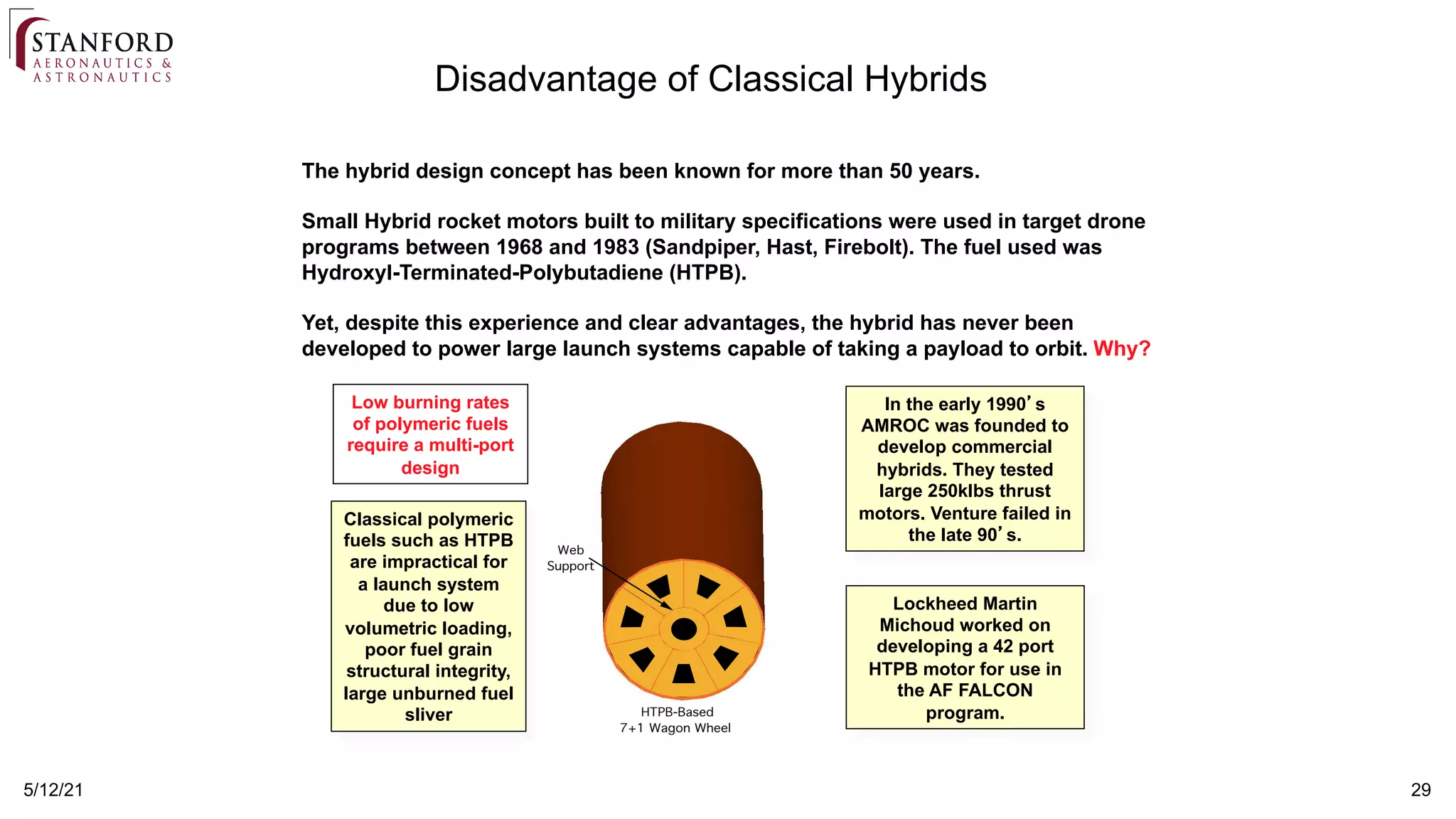5/12/21 29
Disadvantage of Classical Hybrids
Classical polymeric
fuels such as HTPB
are impractical for
a launch system
due to low
volumetric loading,
poor fuel grain
structural integrity,
large unburned fuel
sliver
Low burning rates
of polymeric fuels
require a multi-port
design
The hybrid design concept has been known for more than 50 years.
Small Hybrid rocket motors built to military specifications were used in target drone
programs between 1968 and 1983 (Sandpiper, Hast, Firebolt). The fuel used was
Hydroxyl-Terminated-Polybutadiene (HTPB).
Yet, despite this experience and clear advantages, the hybrid has never been
developed to power large launch systems capable of taking a payload to orbit. Why?
In the early 1990’s
AMROC was founded to
develop commercial
hybrids. They tested
large 250klbs thrust
motors. Venture failed in
the late 90’s.
Lockheed Martin
Michoud worked on
developing a 42 port
HTPB motor for use in
the AF FALCON
program.
 