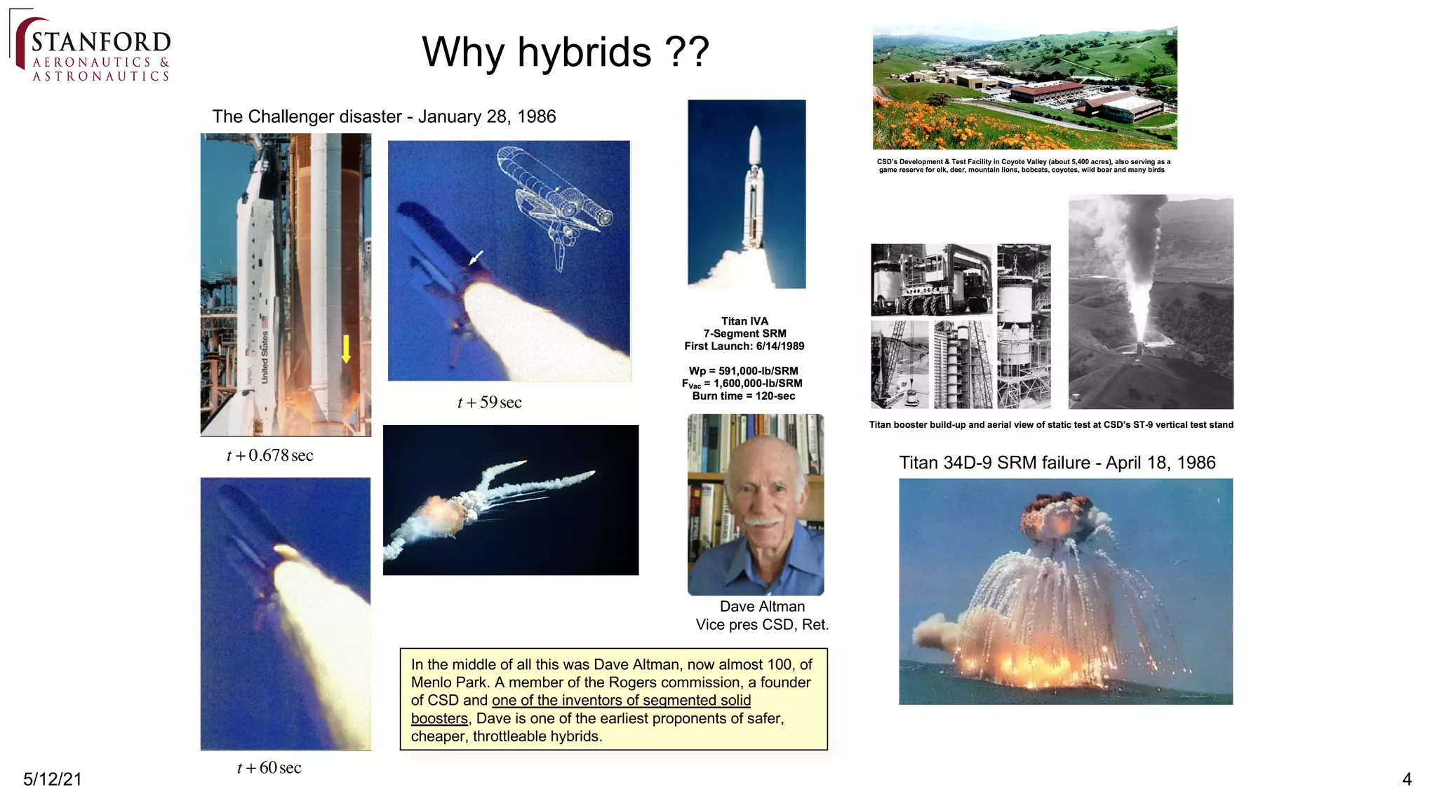 4
5/12/21
Why hybrids ??
The Challenger disaster - January 28, 1986
Titan 34D-9 SRM failure - April 18, 1986
In the middle of all this was Dave Altman, now almost 100, of
Menlo Park. A member of the Rogers commission, a founder
of CSD and one of the inventors of segmented solid
boosters, Dave is one of the earliest proponents of safer,
cheaper, throttleable hybrids.
t + 0.678sec
t + 59sec
t + 60sec
Dave Altman
Vice pres CSD, Ret.
 