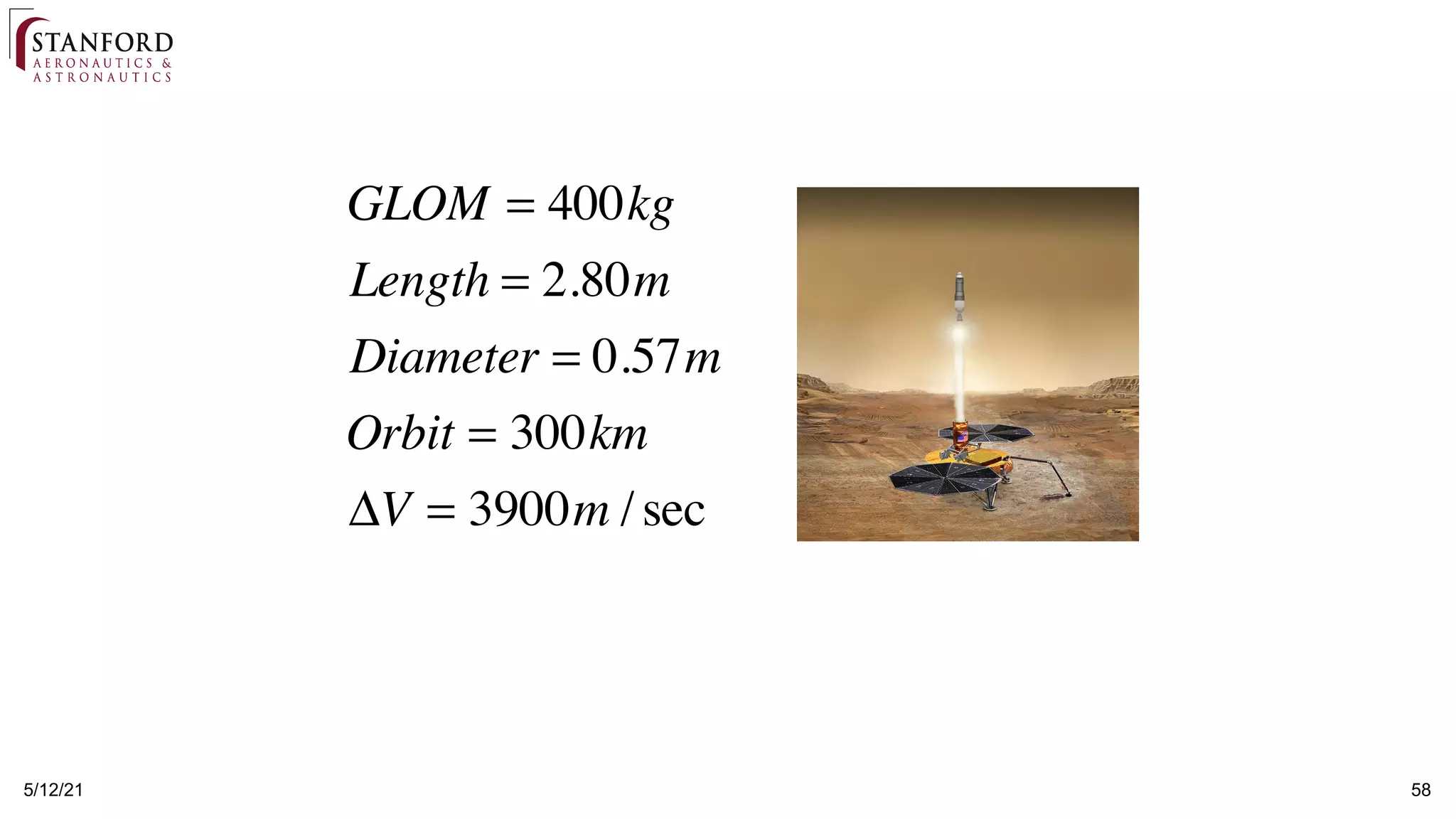 5/12/21 58
GLOM = 400kg
Length = 2.80m
Diameter = 0.57m
Orbit = 300km
ΔV = 3900m /sec
 