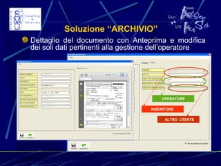 31/03/15 12
Soluzione “ARCHIVIO”
Dettaglio del documento con Anteprima e modifica
dei soli dati pertinenti alla gestione dell’operatore
INSERITORE
OPERATORE
ALTRO UTENTE
 