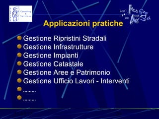 31/03/15 20
Applicazioni pratiche
Gestione Ripristini Stradali
Gestione Infrastrutture
Gestione Impianti
Gestione Catastale
Gestione Aree e Patrimonio
Gestione Ufficio Lavori - Interventi
………
………
 