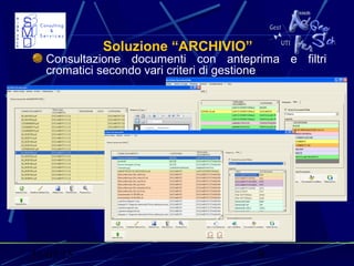 31/03/15 9
Soluzione “ARCHIVIO”
Consultazione documenti con anteprima e filtri
cromatici secondo vari criteri di gestione
 