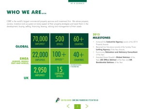 2
AT A G L A N C E
WHO WE ARE...
GLOBAL
UK
EMEA
(EUROPE, MIDDLE
EAST AND AFRICA)
CBRE is the world’s largest commercial property services and investment firm. We advise property
owners, investors and occupiers on every aspect of their property strategies and assist them in the
development, buying, selling, financing, leasing, valuing and management of their assets.
70,000
EMPLOYEES*
2,950
EMPLOYEES*
500
OFFICES
15CORPORATE
OFFICES
60+
COUNTRIES
22,000
EMPLOYEES
100+
OFFICES**
40+
COUNTRIES
(* EXCLUDING AFFILIATES)
(** EXCLUDING GWS)
•	 Achieved the Industrial Agency award at the 2015
Property Awards
•	 Received two first-place awards at the Sunday Times
Letting Agency of the Year Awards
•	 Euromoney Valuation and Advisory Consultant
of the Year
•	 Awarded Estate Gazette’s Global Advisor of the
Year, UK Office Advisor of the Year and UK
Residential Advisor of the Year
2015
MILESTONES
DID YOU KNOW...CBRE WAS FOUNDED IN 1773 IN THE UK
 