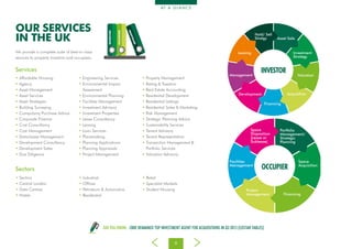 6
AT A G L A N C E
•	Affordable Housing
•	Agency
•	Asset Management
•	Asset Services
•	Asset Strategies
•	Building Surveying
•	Compulsory Purchase Advice
•	Corporate Finance
•	Cost Consultancy
•	Cost Management
•	Data/Lease Management
•	Development Consultancy
•	Development Sales
•	Due Diligence
•	Engineering Services
•	Environmental Impact
Assessment
•	Environmental Planning
•	Facilities Management
•	Investment Advisory
•	Investment Properties
•	Lease Consultancy
•	Leasing
•	Loan Services
•	Placemaking
•	Planning Applications
•	Planning Appraisals
•	Project Management
•	Property Management
•	Rating & Taxation
•	Real Estate Accounting
•	Residential Development
•	Residential Lettings
•	Residential Sales & Marketing
•	Risk Management
•	Strategic Planning Advice
•	Sustainability Services
•	Tenant Advisory
•	Tenant Representation
•	Transaction Management &
Portfolio Services
•	Valuation Advisory
•	Sectors
•	Central London
•	Data Centres
•	Hotels
•	Industrial
•	Offices
•	Petroleum & Automotive
•	Residential
•	Retail
•	Specialist Markets
•	Student Housing
OUR SERVICES
IN THE UK
We provide a complete suite of best-in-class
services to property investors and occupiers.
INVESTOR Valuation
Acquisition
Financing
Development
Management
Leasing
Hold/ Sell
Stratgy Asset Sale
Spac
Dispo
(Leas
Suble
Project
Manage
Facilities
Management
Investment
Strategy
INVESTOR OCCUPIER
Portfolio
Management/
Strategic
Planning
Valuation
Acquisition
Financing
Development
Management
Leasing
Hold/ Sell
Stratgy Asset Sale
Space
Disposition
(Lease or
Sublease)
Space
Acquisition
Financing
Project
Management
Facilities
Management
Investment
Strategy
DID YOU KNOW... CBRE REMAINED TOP INVESTMENT AGENT FOR ACQUISITIONS IN Q3 2015 (COSTAR TABLES)
Services
Sectors
 