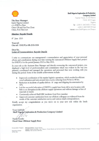 Commendation Letter from SHELL - Kayode Onasile