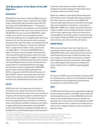 Independent Review of the U.S. Government Response to the Haiti Earthquake • Final Report, March 2011104
10.6 Description of the Roles of the UN
Agencies
MINUSTAH
MINUSTAH has been present in Haiti since 2004, and prior to
the earthquake, included a military component of up to 7,803
troops, 2,136 UN police, 464 international civilian staff, 1,239
local civilian staff, and 207 UNVolunteers.124
The capacity of
MINUSTAH to respond to the earthquake was severely affected
by the large-scale loss of life within its own institution, with over
100 staff killed and many more injured. MINUSTAH’s original
mandate was to restore a secure and stable environment,
promote the political process, to strengthen Haiti’s Government
institutions and rule of law structures, as well as to promote
and protect human rights.This mission was extended by the UN
Security Council on 19 January to “increase the overall force
levels…to support the immediate recovery, reconstruction
and stability efforts.”125
At this point, MINUSTAH made its
logistics and security resources available to the humanitarian
community, which assisted humanitarian activities.The human
rights component of MINUSTAH also engaged in the earthquake
response operation, specifically focusing on protection concerns
and using established contacts with local authorities and civil
society networks to help identify beneficiaries and engage
with local actors.A pivotal accomplishment of MINUSTAH
was the creation of the Joint Operating Tasking Center
(JOTC) in cooperation with OCHA and the Government of
Haiti.The JOTC was key to ensuring the proper distribution
of humanitarian assistance material through a coordination
mechanism that worked directly with the cluster system.
OCHA
OCHA’s chief role in the response was coordination of
humanitarian action between the Government of Haiti and
international community.The cluster system was re-activated on
15 January, with the response operation organized through 12
clusters and two sub-clusters.126
To the extent possible, the
Government appointed Ministry counterparts to co-lead each
cluster and, by May, had intensified its involvement with clusters
in response planning and implementation at all levels.Within
the first weeks following the earthquake, the OCHA office was
strengthened to provide dedicated support to the humanitarian
community on inter-cluster coordination, information
management and analysis, mapping, civil-military liaison, donor
coordination, advocacy, and media outreach.
OCHA also mobilized a United Nations Disaster Assessment
and Coordination team immediately following the earthquake,
with initial members arriving 36 hours later. UNDAC staff
conducted rapid needs assessments to assemble the flash appeal,
which was accomplished in three days for a total request of
$700 million. UNDAC team members also worked with the U.S.
military to establish rules for landing slot allocation at the Port-
au-Prince airport, apportioning a minimum of one-third of all
incoming flights for humanitarian assistance during the first days
of the response. Finally, the UNDAC team also coordinated the
search and rescue teams that arrived from 67 countries.
PAHO/WHO
PAHO acted as the health cluster lead in Haiti.As such, it
coordinated the health response among 396 NGOs, the UN,
USAID/OFDA, CDC, various militaries, and the Government of
Haiti’s Presidential Commission on Health.The health cluster
was too large, so it was divided into sub-clusters on hospital
needs, medical team and service coordination, medical supply
chain, medical logistics, health surveys and surveillance, and
tasking of health activities to NGOs for specific geographic
regions.
UNDP
The director of UNDP served as the Resident Coordinator (RC)
for all UN operations in Haiti prior to the earthquake. Following
the earthquake, the RC was appointed as the Humanitarian
Coordinator for the UN and led the HCT.
WFP
The WFP led the food cluster and was responsible for organizing
the food distribution program in Haiti.WFP worked closely with
the Presidential Commission on Food, MINUSTAH, and the U.S.
military to plan the food distribution process and determine
distribution sites in Port-au-Prince and other affected areas.WFP
conducted interviews with rice importers and market surveys to
determine their strategy on food aid to avoid any disruption of
the local economy.
124
Inter-Agency Standing Committee. 2010. Response to the Humanitarian Crisis in Haiti: Following the 12 January 2010 Earthquake.
125
America. 2010.“U.N. Security Council Resolution 1908 on Haiti” American.gov Website. Modified January 19, 2010.
http://www.america.gov/st/texttrans-english/2010/January/20100119153403eaifas0.1554028.html.Accessed on 11 September 2010.
126
OneResponse. 2010. http://oneresponse.info/Disasters/Haiti/Pages/Clusters.aspx.Accessed on 27 August 2010.
 