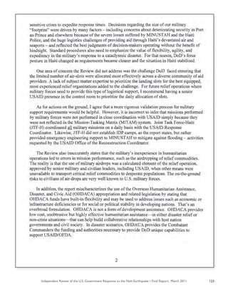 Independent Review of the U.S. Government Response to the Haiti Earthquake • Final Report, March 2011 123
 