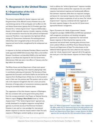 Independent Review of the U.S. Government Response to the Haiti Earthquake • Final Report, March 2011 35
4. Response in the United States
4.1 Organization of the U.S.
Government Response
The primary responsibility for disaster response rests with
the government of the affected country. However, due to the
overwhelming severity of the earthquake and its effect on UN
and Haitian Government capacity, the U.S. President gave clear
direction for a “whole of government” response.Additionally, a
disaster of this magnitude requires a broader response, including
not only humanitarian resources, but also political and diplomatic
resources.Therefore, it was imperative that high-level officials
manage U.S. Government involvement. Pre-existing personal
relationships were recognized as key to the success of the
response and were further strengthened by the widespread use
of liaisons.
In response to the Haiti earthquake, President Obama named the
newly appointed USAID Administrator, Rajiv Shah, as the Unified
Disaster Coordinator and identified USAID as the lead federal
agency to coordinate the response for the U.S. Government.
Administrator Shah was sworn into office on 7 January; only five
days before the earthquake.
The White House and the Department of State took special
interest from the beginning in the response, playing large roles
in coordination, planning, and execution.The Secretary of State
appointed the Counselor and Chief of Staff to be the lead for the
response from the Department of State due to the Counselor’s
work in Haiti over the previous year.This position took an active
role in the response management that lent a more pro-active
dimension of foreign policy to humanitarian assistance, especially
during the immediate disaster response phase.
The organization of the Haiti disaster response in Washington,
DC was consistent with current government policy, drawn
from the concept presented in the Project on National Security
Reform’s report, Forging a New Shield, known as “whole
of government.”64
The “whole of government” approach was
actually developed to strengthen integration among federal
agencies to promote security of the American homeland.
However, it was used as a new paradigm for international
disaster response to meet the massive needs in Haiti.The early
response in Washington evolved rapidly, as various agencies
tried to address the “whole of government” response mandate
individually and then combine their responses into one unified
response. International responses are fundamentally different
than domestic responses; while there are important analogies
and lessons for international response, these must be carefully
applied to the unique complexities of such an event.The “whole
of government” response, combined with the magnitude of
the event, required changes in the way the U.S. Government
approached disaster management.
Figure 10 presents the “whole of government” disaster
management paradigm. USAID, DOD, and HHS have specialized
staff, management procedures, and standing interagency
agreements to facilitate their cooperation for international
disaster response. In Haiti, they led the response at the
operational and tactical levels, receiving policy direction from
senior political officials at the White House, National Security
Council, and Department of State.The white boxes are the
additional federal agencies that were called into the response
under the “whole of government” approach.All of the agencies
that took part in the Haiti disaster response are listed in Figure
10.
64
Locher, James R. 2008.“Forging a New Shield”. Center for the Study of the President and the Project in National Security Reform. November.
Figure 10:“Whole of government” structure. Boxes in blue represent the
key offices within the US Government that set the policy guidance and
strategic direction of the response: theWhite House, National Security
Council, and Department of State. Boxes in orange represent the federal
agencies that normally lead the USG international disaster response.
 