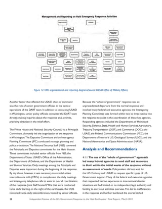 Independent Review of the U.S. Government Response to the Haiti Earthquake • Final Report, March 201138
Another factor that affected the USAID chain of command
was the role of senior government officials in the tactical
operations of the DART team. In addition to contacting USAID
in Washington, senior policy officials contacted the DART team
directly, making inquiries about the response and, at times,
providing direction in the relief effort.
The White House and National Security Council, via a Principals
Committee, ultimately led the organization of the response
in Washington.The Deputies Committee and an Interagency
Planning Committee (IPC) conducted strategic planning and
policy articulation.The National Security Staff (NSS) convened
the Principals and Deputies committees for the Haiti disaster.
These committees included senior officials from NSS, the
Department of State, USAID’s Office of the Administrator,
the Department of Defense, and the Department of Health
and Human Services. Daily meetings among the Principals and
Deputies were important during the beginning of the response.
By day three, however, it was necessary to establish video
teleconference calls (VTCs) to complement the daily meetings
and interagency telephone calls to assist in overall coordination
of the response. Joint Staff hostedVTCs that were conducted
twice daily. Starting on the night of the earthquake, the DOS
convened twice-daily teleconferences, hosted by senior officials.
Because the “whole of government” response was an
unprecedented departure from the normal response and
involved many federal and executive agencies, the Interagency
Planning Committee was formed within two to three weeks into
the response to assist in the coordination of these key agencies.
Responding agencies included the Departments of Homeland
Security, Defense, State, Health and Human Services,Agriculture,
Treasury,Transportation (DOT), and Commerce (DOC); and
USAID, the Federal Communications Commission (FCC), the
Department of Interior’s U.S. Geological Survey (USGS), and the
National Aeronautics and Space Administration (NASA).
Analysis and Recommendations
4.1.1 The use of the “whole of government” approach
led many federal agencies to send staff and resources
to Haiti within the initial weeks of the response without
an assessment of needs. Policymakers did not wait for
the U.S. Embassy and USAID to request specific types of U.S.
Government support. Many of the federal and executive agencies
that responded had no experience in international disaster
situations and had limited or no independent legal authority and
funding to carry out activities overseas.This led to inefficiencies
in the response and further burdened the overstretched
Figure 12: ORC organizational and reporting diagrams(Source: USAID Office of Military Affairs)
 