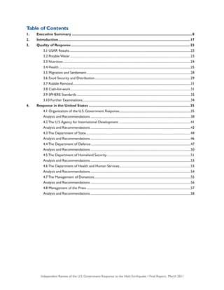 Independent Review of the U.S. Government Response to the Haiti Earthquake • Final Report, March 20116
Table of Contents
1.	 Executive Summary..........................................................................................................................8
2.	 Introduction......................................................................................................................................17
3.	 Quality of Response.........................................................................................................................23
		 3.1 USAR Results........................................................................................................................................................23
		 3.2 Potable Water.......................................................................................................................................................23
		 3.3 Nutrition................................................................................................................................................................24
		 3.4 Health.....................................................................................................................................................................25
		 3.5 Migration and Settlement...................................................................................................................................28
		 3.6 Food Security and Distribution.........................................................................................................................29
		 3.7 Rubble Removal....................................................................................................................................................31
		 3.8 Cash-for-work.......................................................................................................................................................31
		 3.9 SPHERE Standards...............................................................................................................................................32
		 3.10 Further Examinations........................................................................................................................................34
4.	 Response in the United States.......................................................................................................35
		 4.1 Organization of the U.S. Government Response..........................................................................................35
		 Analysis and Recommendations..............................................................................................................................38
		 4.2 The U.S.Agency for International Development ..........................................................................................41
		 Analysis and Recommendations..............................................................................................................................43
		 4.3 The Department of State...................................................................................................................................44
		 Analysis and Recommendations..............................................................................................................................46
		 4.4 The Department of Defense..............................................................................................................................47
		 Analysis and Recommendations..............................................................................................................................50
		 4.5 The Department of Homeland Security.........................................................................................................51
		 Analysis and Recommendations..............................................................................................................................53
		 4.6 The Department of Health and Human Services..........................................................................................53
		 Analysis and Recommendations..............................................................................................................................54
		 4.7 The Management of Donations.........................................................................................................................55
		 Analysis and Recommendations..............................................................................................................................56
		 4.8 Management of the Press...................................................................................................................................57
		 Analysis and Recommendations..............................................................................................................................58
 