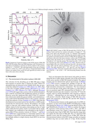 G. A. Kriss et al.: Multiwavelength campaign on Mrk 509. VI.




                                                                             Fig. 9. HST WFPC2 image of Mrk 509 through ﬁlter F547M. The di-
                                                                             rections North and East are marked with arrows of length 2.5 . The
                                                                             black circle shows the placement of the 2.5 diameter COS aperture
                                                                             used for our observations. Lines indicating the position angles of vari-
                                                                             ous features associated with the structure of Mrk 509 are indicated. The
                                                                             small knot at the end of the linear structure visible in the F547M image
                                                                             directly above the nucleus lies at a position angle (PA, measured East
                                                                             of North) of −42◦ from the nucleus. The minor axis (PA = 135◦ ) of the
Fig. 8. Comparison of spectral features in the FUSE spectra of Mrk 509       low-ionization gas disk is from Phillips et al. (1983). The PA of the po-
from 1999 November (blue) and 2000 September (red). Normalized rel-          larized light in the core of the Hα emission line (60◦ ), the broad wings
ative ﬂuxes are plotted as a function of velocity relative to the systemic   of Hα (168◦ ) and the optical continuum (144◦ ) are from Young et al.
redshift of z = 0.034397. The individual panels (from top to bottom)         (1999). The radio structures (PA = −65◦ and 165◦ ) are from Singh &
show O vi λ1032, O vi λ1037, Lyβ, and Lyγ. Foreground Galactic ISM           Westergaard (1992). Note that extended radio emission to the NW ro-
features are marked. Error vectors for each spectrum are shown as thin       tates from PA = −40◦ to PA = −65◦ with increasing distance from the
lines in the same color as the data.                                         nucleus.


4. Discussion                                                                    Since our absorption-line observations only probe gas that is
4.1. The environment of the active nucleus in Mrk 509
                                                                             along the line of sight, taking a broader view of the environment
                                                                             of the active nucleus in Mrk 509 should be helpful. The optical
The velocities for the absorbing gas in Mrk 509 span a range                 imaging and two-dimensional optical spectroscopy of Phillips
from negative to positive that is atypical for AGN. When UV                  et al. (1983) reveal a compact host, perhaps of type S0. The
absorption lines are detected in low-redshift AGN, they are gen-             spectroscopy shows kinematically distinct low-ionization and
erally blue shifted (Crenshaw et al. 2003; Dunn et al. 2007). This           high-ionization emission-line components. The low-ionization
is also true of higher redshift quasars (Weymann et al. 1979;                gas covers the face of the galaxy and rotates as a disk about an
Ganguly et al. 2001; Misawa et al. 2007), although Weymann                   axis at a position angle (PA, measured East of North) of −45◦ .
et al. (1979) did suggest that systems with red-shifted absorption           The high-ionization gas also extends to more than 10 from the
lines could be associated with neighboring galaxies in clusters.             nucleus, and it is mostly blueshifted, with velocities as high as
However, given the signiﬁcant blue shifts of the UV emission                 −200 km s−1 , although there are also regions SE of the nucleus
lines often used to deﬁne the quasar redshift, such redshifted sys-          with positive velocities. Radio images of Mrk 509 show elon-
tems could well be blueshifted relative to the systemic velocities           gation and extensions to both the NE and the SW (Singh &
of the host galaxies. In fact, Ganguly et al. (2001) ﬁnds that the           Westergaard 1992).
distribution of associated narrow-line absorbers in QSOs peaks                   To illustrate these features on the spatial scale of our HST ob-
around the UV emission-line velocity. Nevertheless, one might                servations, we have retrieved the WFPC2 F547M image of Mrk
expect to ﬁnd gas with random motions, both blue- and red-                   509 obtained by Bentz et al. (2009) from the MAST archive. We
shifted, relative to the host galaxy intercepting our line of sight          used MultiDrizzle (Fruchter et al. 2009) to combine the longest
either within the host galaxy itself or associated with its neigh-           PC exposures (with exposure times of 60 s, 160 s, and 300 s)
bors. Indeed, one component of the absorption in the Seyfert 1               and eliminate cosmic rays. Figure 9 shows the resultant image
galaxy Mrk 279 has a positive velocity of +90 km s−1 , and Scott             (covering the inner 4 kpc of Mrk 509). Note that this image does
et al. (2004) have suggested that it is interstellar material in the         not capture the full extent of Mrk 509. The 2.5 -diameter COS
host galaxy, or gas from a recent encounter with a close compan-             aperture covers only the central 870 pc of Mrk 509, while the
ion, perhaps similar to a high-velocity cloud (HVC) in our own               most prominent features in the HST image, possibly an irregular
Milky Way.                                                                   starburst ring, have an outer radius of <2 kpc. If this ring-like
                                                                                                                                  A41, page 11 of 26
 
