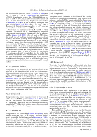 G. A. Kriss et al.: Multiwavelength campaign on Mrk 509. VI.

and recombination timescales similar (Nicastro et al. 1999). For        4.2.5. Component 4
αrec = 8.96 × 10−12 cm3 s−1 (Nahar 2006) at a temperature
of 20 000 K, and a time between the STIS and COS observa-               Perhaps the easiest component to characterize is #4. This ab-
tions of 2.733 × 108 s, we get a lower limit on the density of          sorber has the lowest ionization state of any of the components. It
ne > 160 cm−3 . Since we are using the photoionization models           is the only one in which Si iv is detected, and it has the strongest
of Kraemer et al. (2003), we use an ionizing luminosity from            C iii absorption in the original FUSE spectrum of Kriss et al.
their SED in Yaqoob et al. (2003), Lion = 7.0 × 1044 erg s−1 .          (2000). Its velocity of ∼−22 km s−1 is the closest to our adopted
Together with the ionization parameter log ξ = 0.67, this gives         systemic redshift for Mrk 509. Given the high column densi-
an upper limit on the distance of r < 250 pc.                           ties, relatively low ionization state and velocity coincidence, it
                                                                        is likely that this component is the interstellar medium of the
    Component 1 is well deﬁned in both N v and C iv, but in
                                                                        Mrk 509 host galaxy. Phillips et al. (1983) ﬁnd a systemic veloc-
Lyα and O vi it is merely part of a smoothly varying trough that
                                                                        ity for the rotating low-ionization gas disk in their observations
runs from the deepest point in components 2 and 2b. As mod-
                                                                        that is in good agreement with the velocity of the [O iii] line-
eled by Kraemer et al. (2003) (who only used the STIS data),
                                                                        center velocity which they adopted as the systemic velocity of
this trough has only moderate ionization, probably even lower
                                                                        the host galaxy. To within their errors of ±30 km s−1 , all of these
than what they model since they grossly overpredict the amount
                                                                        velocities are consistent with the velocity we measure for com-
of O vi that should be present at this velocity. (Their trough at
                                                                        ponent 4. Kraemer et al. (2003) ﬁnd that the broad range of UV
−420 km s−1 is three times deeper than the observed O vi λ1032
                                                                        ionization states present at this velocity requires more than one
absorption in the FUSE spectrum at this velocity.) In fact, as we
                                                                        component in a photoionization model solution. Component 4
discussed in Sect. 3.4, given the relative character of the variabil-
                                                                        has the closest match in velocity to component 1 identiﬁed in the
ity in Lyα and N v, the ionization state of this feature is below
                                                                        RGS spectrum by Detmers et al. (2011). Within the errors of the
the peak in ionization for N v. Component 1b appears to have
                                                                        Chandra spectrum, Component 4 may also be associated with
higher ionization since it is strong in O vi but very indistinct in
                                                                        component 1 from the LETGS spectrum (Ebrero et al. 2011).
N v. Although moderately strong in Lyα, it is also weaker than
                                                                        Given its low ionization parameter, Ebrero et al. (2011) suggest
component 1. If either of these components are associated with
                                                                        that this X-ray absorption may be associated with the ISM or
the X-ray portion of the outﬂow (which they do not match in
                                                                        halo of the host galaxy of Mrk 509.
detail kinematically), they are likely to be higher-density, lower-
ionization clumps embedded in a more tenuous, highly ionized
outﬂow.                                                                 4.2.6. Component 5
                                                                        Component 5 is similar in character to Component 4, but it has
4.2.2. Components 2 and 2b                                              lower overall column density and slightly higher ionization. Its
                                                                        slightly positive velocity is a good match to component 1 in the
Components 2 and 2b represent the deepest portions of the               LETGS spectrum. Highly ionized gas at this velocity is also seen
blue half of the absorption trough in the Mrk 509 spectrum.             in the three-dimensional spectroscopy of Phillips et al. (1983),
Kinematically, these components are the closest match to one            and it is within the velocity proﬁle of the echelle spectrum of
of the major components detected in the X-ray spectrum of               [O iii] in the nuclear region of Mrk 509. It appears to have varied
Mrk 509. In the XMM-Newton/RGS spectrum, component 2 of                 in strength in H i between the two FUSE observations. As it is
Detmers et al. (2011) is almost an exact match in velocity to UV        diﬃcult to disentangle this component’s variations from those of
component 2 (−319 km s−1 vs. −321 km s−1 , respectively). The           components 6a, 6, and 6b, we discuss the implications of this
ionization state of the gas detected in the UV absorption lines,        variation in the next subsection.
however, is not particularly high, and its total column density is
less than that seen in the X-ray. Again, this may be an example of
a higher-density, lower-ionization clump embedded in the more           4.2.7. Components 6a, 6, and 6b
highly ionized outﬂow seen in the X-ray.
                                                                        Although component 6 has a positive velocity, this does not pre-
                                                                        clude it from an association with the active nucleus in Mrk 509.
4.2.3. Component 3                                                      In fact, if one examines the [O iii] echelle spectrum of the nu-
                                                                        clear region in Mrk 509 in Fig. 3 of Phillips et al. (1983), one
Component 3 is the closest match in velocity to Component 2             can see that the actual peak of the line is at a positive velocity
of the Chandra LETGS spectrum (Ebrero et al. 2011), but in              of +120 km s−1 , matching our velocity for absorption in com-
the UV it too has rather low ionization, similar in character to        ponent 6. The kinematics of X-ray-heated winds modeled by
UV component 1. As with the previous components, this gas de-           Balsara & Krolik (1993) shows that portions of the ﬂow that are
tected in the UV is likely to be a higher-density clump embedded        evaporated oﬀ the inner edge of the obscuring torus can be cap-
in more highly ionized outﬂowing gas.                                   tured by the central black hole. This results in streamlines with
                                                                        positive, inﬂow velocities.
4.2.4. Component 4a                                                         The variability in H i absorption we see over the 10 months
                                                                        between the two FUSE observations suggests a close relation-
Component 4a, ﬁrst identiﬁed by Kraemer et al. (2003), shows            ship to the active nucleus for components 5 and 6, and, as for
up most clearly in N v and C iv. In velocity it is close to compo-      Component 1, it allows us to set an upper limit on the distance
nent 1 identiﬁed in the RGS spectrum by Detmers et al. (2011).          of this gas from the central engine. From 1999 November to
Its modest outﬂow velocity could suggest an association with            2000 September, over an interval of 303 days, the continuum
the base of the outﬂowing wind in Mrk 509. However, like all            ﬂux from Mrk 509 dropped by 30%, and the hydrogen column
the components above, it is rather low in ionization, and its col-      density in components 5 and 6 increased by 14%, as we showed
umn density is lower than that seen in the X-ray absorber. It is        in Sect. 3.4. This gives us an upper limit on the recombination
probably not directly associated with the X-ray absorbing gas.          time for the gas, and hence a lower limit on the density. Again
                                                                                                                         A41, page 13 of 26
 