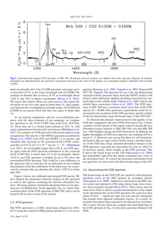 A&A 534, A41 (2011)




Fig. 1. Calibrated and merged COS spectrum of Mrk 509. Prominent emission features are labeled above the spectrum. Regions of intrinsic
absorption are indicated below the spectrum. Geocoronal emission in the center of the galactic Lyα absorption trough is indicated with an Earth
symbol.

short wavelength end of the G130M spectrum, and range up to              aperture (Kraemer et al. 2003; Yaqoob et al. 2003, Proposal ID
a correction of 5% at the long-wavelength end of G160M. We               8877, PI: Yaqoob). The spectrum we use is the one-dimensional
estimate an absolute ﬂux accuracy of 5% at wavelengths above             extracted echelle spectrum direct from the MAST archive with
1220 Å, and 10% at shorter wavelengths (Massa et al. 2010).              all up-to-date calibrations applied, including corrections for scat-
We expect that relative ﬂuxes are more precise. Our repeat ob-           tered light in the echelle mode (Valenti et al. 2002) and for the
servations in our two visits agree to better than 1%, and compar-        echelle blaze corrections (Aloisi et al. 2007). The STIS spec-
ison between the overlapping wavelength ranges of G130M and              trum of Mrk 509 has a resolution about twice that of the COS
G160M in our spectra show that they also agree to better than            spectra, R = 46 000. This spectrum is particularly useful for as-
1%.                                                                      sessing the true resolution of the COS spectrum, and the validity
    As an external comparison, and for cross-calibration pur-            of deconvolutions that repair the broad wings of the COS LSF.
poses with the other elements of our campaign, we compare                     To illustrate the dramatic improvement in the quality of our
our spectrum to the Swift UVM2 data point from 2010 Dec                  COS data compared to the prior STIS observation, Fig. 2 shows
10. These data are in a broad band centered at 2231 Å, with              a portion of both spectra in the region centered around the Lyα
some contamination from broad C iii] emission (Mehdipour et al.          absorption feature intrinsic to Mrk 509. One sees that Mrk 509
2011). To compare our COS spectrum to this point requires some           was ∼60% brighter during our COS observation. In addition, the
extrapolation. We take the 1140–8090 Å spectrum assembled by             higher throughput of COS also improves our resulting S/N by a
Shang et al. (2005) from FOS and KPNO 2.1-m spectra, and                 factor of ∼5. However, one can see that there are still instrumen-
normalize this spectrum to the corrected Swift UVM2 contin-              tal features that we must correct before doing a detailed analy-
                                                                         sis of the COS data. Deep, saturated absorption features in the
uum ﬂux at 2231 Å of 5.12 × 10−14 erg cm−2 s−1 Å−1 (Mehdipour
                                                                         STIS spectrum, especially the interstellar Si ii line at 1260.5 Å,
et al. 2011). At wavelengths longer than 1220 Å, our COS spec-
                                                                         do not have square, black troughs in the COS spectrum. This
tra agree with the FOS spectrum normalized to the corrected
                                                                         is due to the broad wings on the LSF (Ghavamian et al. 2009)
Swift UVM2 ﬂux to better than 4% at all wavelengths. Below
                                                                         that redistribute light from the bright continuum into cores of
1210 Å, our COS spectrum is brighter by up to 9% above the               the absorption lines. To extract the maximum information from
renormalized FOS spectrum. This could be a true diﬀerence in             our spectrum, we must correct for these broad wings on the LSF.
the spectrum, but it could also be an indication of our residual
uncertainties in the ﬂux calibration. In the latter case, we conser-
vatively estimate that our absolute ﬂux below 1220 Å is better           2.5. Deconvolving the COS spectrum
than 10%.
    Figure 1 shows our calibrated and merged COS spectra. We             The broad wings on the COS LSF are caused by mid-frequency
have labeled the prominent emission features in the spectrum             polishing errors on the HST primary & secondary mirrors
as well as the regions containing the intrinsic absorption fea-          (Ghavamian et al. 2009). Additional scattering by the HST mir-
tures. The many galactic interstellar absorption lines in our spec-      ror system and internal to COS makes these wings more exten-
trum are not labeled here. In the appendix, Fig. A.1 shows full-         sive than originally thought (Kriss 2011). These errors must be
resolution plots of the COS spectrum of Mrk 509, and it can be           removed in order to obtain accurate measurements of the depths
found in the on-line version of the journal.                             of the absorption lines in the COS spectrum. On scales less than
                                                                         about 50 km s−1 , signiﬁcant light can leak into the absorption
                                                                         line troughs from adjacent continuum regions. As a result, in-
2.4. STIS spectrum                                                       terstellar absorption lines expected to be saturated are not black.
                                                                         This is quite obvious when one compares the interstellar lines in
The STIS spectrum is a 7,600 s observation obtained on 2001-             the COS spectrum in Fig. 2 to the prior spectrum obtained with
04-13 using the echelle E140M grating and the 0.2 × 0.2 arcsec           STIS.
A41, page 4 of 26
 