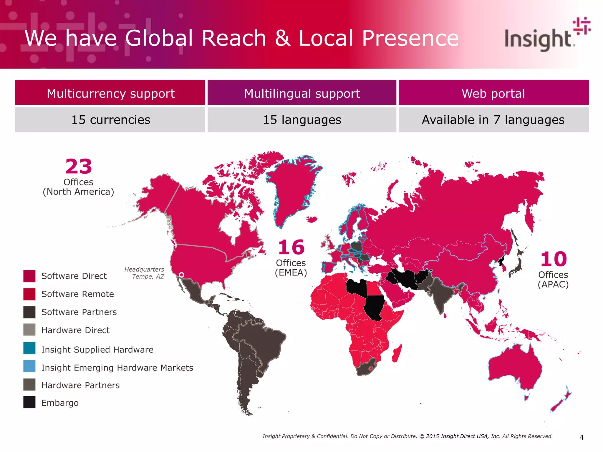 Insight Proprietary & Confidential. Do Not Copy or Distribute. © 2015 Insight Direct USA, Inc. All Rights Reserved. 4
We have Global Reach & Local Presence
Multicurrency support Multilingual support Web portal
15 currencies 15 languages Available in 7 languages
10
Offices
(APAC)
23
Offices
(North America)
Software Direct
Software Remote
Software Partners
Hardware Direct
Insight Supplied Hardware
Insight Emerging Hardware Markets
Hardware Partners
Embargo
16
Offices
(EMEA)Headquarters
Tempe, AZ
 