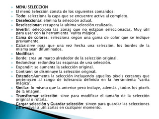    MENU SELECCION
   El menú Selección consta de los siguientes comandos:
   Todo: selecciona la capa que se encuentre activa al completo.
   Deseleccionar: elimina la selección actual.
   Reseleccionar: recupera la ultima selección realizada.
   Invertir: selecciona las zonas que no estaban seleccionadas. Muy útil
    para usar con la herramienta "varita mágica".
   Gama de colores: selecciona según una gama de color que se indique
    previamente.
   Calar:sirve para que una vez hecha una selección, los bordes de la
    misma sean difuminados.
   Modificar:
   Borde: crea un marco alrededor de la selección original.
   Redondear: redondea las esquinas de una selección.
   Expandir: se aumenta la selección original.
   Contraer: se disminuye la selección original.
   Extender:Aumenta la selección incluyendo aquellos pixels cercanos que
    pertenecen al rango de tolerancia definido en la herramienta "varita
    mágica".
   Similar: lo mismo que la anterior pero incluye, además , todos los pixels
    de la imagen.
   Transformar selección: sirve para modificar el tamaño de la selección
    original o rotarla.
   Cargar selección y Guardar selección: sirven para guardar las selecciones
    para volver a utilizarlas en cualquier momento.
 