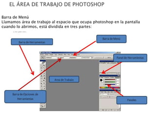 Barra de Menú
Llamamos área de trabajo al espacio que ocupa photoshop en la pantalla
cuando lo abrimos, está dividida en tres partes:
 