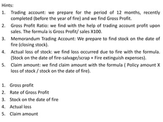 Hints:
1. Trading account: we prepare for the period of 12 months, recently
completed (before the year of fire) and we find Gross Profit.
2. Gross Profit Ratio: we find with the help of trading account profit upon
sales. The formula is Gross Profit/ sales X100.
3. Memorandum Trading Account: We prepare to find stock on the date of
fire (closing stock).
4. Actual loss of stock: we find loss occurred due to fire with the formula.
(Stock on the date of fire-salvage/scrap + Fire extinguish expenses).
5. Claim amount: we find claim amount with the formula ( Policy amount X
loss of stock / stock on the date of fire).
1. Gross profit
2. Rate of Gross Profit
3. Stock on the date of fire
4. Actual loss
5. Claim amount
 