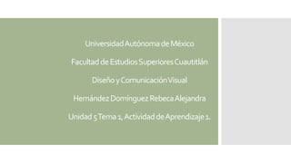UniversidadAutónomadeMéxico
FacultaddeEstudiosSuperioresCuautitlán
DiseñoyComunicaciónVisual
HernándezDomínguezRebecaAlejandra
Unidad5Tema1,ActividaddeAprendizaje1.
 