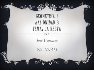 GEOMETRÍA 1
AA1 UNIDAD 3
TEMA: LA RECTA
José Valencia
No. 201513
 