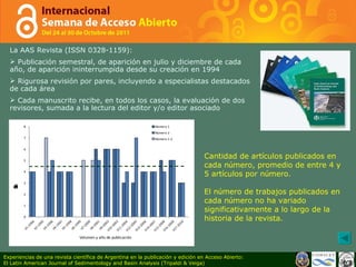 La AAS Revista (ISSN 0328-1159): Publicación semestral, de aparición en julio y diciembre de cada año, de aparición ininterrumpida desde su creación en 1994 Rigurosa revisión por pares, incluyendo a  especialistas destacados de cada área Cada manuscrito recibe, en todos los casos, la evaluación de dos revisores, sumada a la lectura del editor y/o editor asociado Cantidad de art í culos publicados en cada n ú mero, promedio de entre 4 y 5 art í culos por n ú mero. El n ú mero de trabajos publicados en cada n ú mero no ha variado significativamente a lo largo de la historia de la revista.  Experiencias de una revista científica de Argentina en la publicación y edición en Acceso Abierto: El Latin American Journal of Sedimentology and Basin Analysis (Tripaldi & Veiga) 