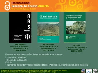 AAS Revista Volumen 1 Número 1 Volumenes 1 a 3 1994 a 2000 AAS Revista Volumen 8 Número 1 Volumenes 4 a 7 2001 a 2004 LAJSBA Volumen 12 Número 1 Volumenes 12 a 17 2005 a 2010 Siempre se mantuvieron los datos de portada y contratapa: Volumen y número Fecha de publicación ISSN Nombres del Editor y responsable editorial (Asociación Argentina de Sedimentología) Experiencias de una revista científica de Argentina en la publicación y edición en Acceso Abierto: El Latin American Journal of Sedimentology and Basin Analysis (Tripaldi & Veiga) 