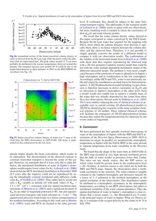 T. Cavalié et al.: Spatial distribution of water in the stratosphere of Jupiter from Herschel HIFI and PACS observations
0
1e+15
2e+15
3e+15
4e+15
5e+15
6e+15
7e+15
-80 -60 -40 -20 0 20 40 60 80
H2Ocolumnabundance[cm-2
]
Planetocentric latitude
Fig. 16. Latitudinal section of the beam-convolved column density of
water as derived from the 66.4 μm map. Only the pixels within the plan-
etary disk are represented here. The peak values around 15 ◦
S can most
probably be attributed to the warmer temperatures observed around this
latitude. The marginal increase seen around 30 ◦
N could be due to the
bright band detected at these latitudes in 2010 in the IRTF/MIRSI ob-
servations (see Fig. 14).
Column density [cm -2
] -H2O at 1669.9 GHz
-30-20-100102030
Arcsec
-30
-20
-10
0
10
20
30
Arcsec
1e+15
1.5e+15
2e+15
2.5e+15
3e+15
3.5e+15
4e+15
4.5e+15
5e+15
Fig. 17. Beam-convolved column density of water (cm−2
) map as de-
rived from the HIFI observations at 1669.9 GHz. The beam is repre-
sented for the central pixel by the red circle.
already higher despite the beam convolution, which results in
its attenuation. The deconvolution of the observed contrast to
constrain horizontal transport is beyond the scope of this pa-
per. However, we anticipate that if it were only due to eddy dif-
fusion, the meridional distribution of water in Jupiter’s strato-
sphere would require lower values for Kh. Lellouch et al. (2006)
showed that the HCN meridional distribution in December 2000
(6.5 years after the impacts) could not be reproduced by us-
ing the latitudinally constant meridional eddy diﬀusion coeﬃ-
cient Kyy of Griﬃth et al. (2004). They rather had to invoke not
only a Kyy variable in latitude (θ) with peak values of Kyy ∼
2.5 × 1011
cm2
s−1
, consistent with low spatial resolution mea-
surements of Moreno et al. (2003), and a signiﬁcant decrease of
Kyy by an order of magnitude poleward of 40◦
, but also equator-
ward advective transport with wind velocities of ∼7 cm s−1
. The
equatorward advective wind results in a slower contamination of
the northern hemisphere. According to this work and to Moreno
et al. (2003), water and HCN are located at the same pressure
level. If conﬁrmed, they should be subject to the same hori-
zontal transport regime. The philosophy of the transport model
of Lellouch et al. (2006) seems to agree with our observations,
but more modeling work is needed to check the consistency of
their Kyy(θ) and wind velocity proﬁles.
We recall that the water column density values derived in
this paper correspond to values convolved by the PACS beam.
Because the 66.4 μm water line targeted for the mapping with
PACS, from which the column densities were derived, is opti-
cally thick, there is no linear relation between the column den-
sities and the observed lines. Therefore, it is not possible to
simply spatially convolve the results of a diﬀusion model to
compare it with our observation results. The conﬁrmation of
the validity of the horizontal model from Lellouch et al. (2006)
with those data thus requires reproducing the observed map
with a 2D (for geometry) radiative transfer model that could be
fed with the water latitude-dependent distribution output of the
diﬀusion+advection model. The problem is even more compli-
cated because of the sensitivity of water to photolysis in Jupiter’s
high stratosphere and to condensation in the low stratosphere.
Accordingly, unlike HCN and CO2, water is not chemically sta-
ble and cannot be considered as an ideal tracer for horizontal dy-
namics. A 2D/3D photochemical model including oxygen chem-
istry is therefore necessary to derive constraints on Kyy(θ) and
on advection in Jupiter’s stratosphere at the mbar level. Such
a model would also enable one to retrieve a reliable mass of
the water that was initially deposited by the comet from these
Herschel observations. Recent work by Dobrijevic et al. (2010,
2011) now enables reducing the size of chemical schemes to ac-
ceptable sizes to extend existing 1D photochemical models to
2D/3D by identifying key reactions in the more complete chem-
ical schemes of 1D models. These reduced chemical schemes
will facilitate the emergence of 2D/3D photochemical models
because they reduce the computational time for chemistry by one
to two orders of magnitude.
6. Conclusion
We have performed the ﬁrst spatially resolved observations of
water in the stratosphere of Jupiter with the HIFI and PACS in-
struments of the Herschel Space Observatory in 2009−2010 to
determine its origin. In parallel, we monitored the stratospheric
temperature in Jupiter with the NASA IRTF in the same periods
to separate temperature from water variability in the Herschel
maps.
We found that the shape of the water lines at 1669.9 GHz in
the HIFI map recorded at very high spectral resolution proves
that the bulk of water resides at pressures lower than 2 mbar.
This rules out any steady source, like the IDP source, in
which water would be present down to the condensation level
(∼20−30mbar). A uniform source is also ruled out by both the
HIFI and PACS maps. Indeed, the observations show a north-
south asymmetry in the emission. The water column is roughly
constant in the southern hemisphere and decreases linearly by
a factor of 2−3 poleward in the northern hemisphere, at the
spatial resolution of the observations. This distribution cannot
be attributed to a hemispheric asymmetry in the stratospheric
temperatures, according to our IRTF observations, but rather to
meridional variability of the water column abundance. Thus, the
spatial distribution of water in Jupiter’s stratosphere is clear ev-
idence that a recent comet, i.e., the Shoemaker-Levy 9 comet,
is the principal source of water in Jupiter. What we observe to-
day is a remnant of the oxygen delivery by the comet at 44 ◦
S in
July 1994.
A21, page 13 of 16
 