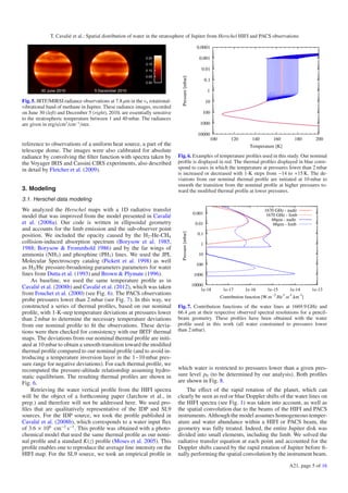 T. Cavalié et al.: Spatial distribution of water in the stratosphere of Jupiter from Herschel HIFI and PACS observations
Fig. 5. IRTF/MIRSI radiance observations at 7.8 μm in the ν4 rotational-
vibrational band of methane in Jupiter. These radiance images, recorded
on June 30 (left) and December 5 (right), 2010, are essentially sensitive
to the stratospheric temperature between 1 and 40 mbar. The radiances
are given in erg/s/cm2
/cm−1
/ster.
reference to observations of a uniform heat source, a part of the
telescope dome. The images were also calibrated for absolute
radiance by convolving the ﬁlter function with spectra taken by
the Voyager IRIS and Cassini CIRS experiments, also described
in detail by Fletcher et al. (2009).
3. Modeling
3.1. Herschel data modeling
We analyzed the Herschel maps with a 1D radiative transfer
model that was improved from the model presented in Cavalié
et al. (2008a). Our code is written in ellipsoidal geometry
and accounts for the limb emission and the sub-observer point
position. We included the opacity caused by the H2-He-CH4
collision-induced absorption spectrum (Borysow et al. 1985,
1988; Borysow & Frommhold 1986) and by the far wings of
ammonia (NH3) and phosphine (PH3) lines. We used the JPL
Molecular Spectroscopy catalog (Pickett et al. 1998) as well
as H2/He pressure-broadening parameters parameters for water
lines from Dutta et al. (1993) and Brown & Plymate (1996).
As baseline, we used the same temperature proﬁle as in
Cavalié et al. (2008b) and Cavalié et al. (2012), which was taken
from Fouchet et al. (2000) (see Fig. 6). The PACS observations
probe pressures lower than 2 mbar (see Fig. 7). In this way, we
constructed a series of thermal proﬁles, based on our nominal
proﬁle, with 1-K-step temperature deviations at pressures lower
than 2 mbar to determine the necessary temperature deviations
from our nominal proﬁle to ﬁt the observations. These devia-
tions were then checked for consistency with our IRTF thermal
maps. The deviations from our nominal thermal proﬁle are initi-
ated at 10 mbar to obtain a smooth transition toward the modiﬁed
thermal proﬁle compared to our nominal proﬁle (and to avoid in-
troducing a temperature inversion layer in the 1−10 mbar pres-
sure range for negative deviations). For each thermal proﬁle, we
recomputed the pressure-altitude relationship assuming hydro-
static equilibrium. The resulting thermal proﬁles are shown in
Fig. 6.
Retrieving the water vertical proﬁle from the HIFI spectra
will be the object of a forthcoming paper (Jarchow et al., in
prep.) and therefore will not be addressed here. We used pro-
ﬁles that are qualitatively representative of the IDP and SL9
sources. For the IDP source, we took the proﬁle published in
Cavalié et al. (2008b), which corresponds to a water input ﬂux
of 3.6 × 106
cm−2
s−1
. This proﬁle was obtained with a photo-
chemical model that used the same thermal proﬁle as our nomi-
nal proﬁle and a standard K(z) proﬁle (Moses et al. 2005). This
proﬁle enables one to reproduce the average line intensity on the
HIFI map. For the SL9 source, we took an empirical proﬁle in
0.0001
0.001
0.01
0.1
1
10
100
1000
10000
100 120 140 160 180 200
Pressure[mbar]
Temperature [K]
Fig. 6. Examples of temperature proﬁles used in this study. Our nominal
proﬁle is displayed in red. The thermal proﬁles displayed in blue corre-
spond to cases in which the temperature at pressures lower than 2 mbar
is increased or decreased with 1-K steps from −14 to +15 K. The de-
viations from our nominal thermal proﬁle are initiated at 10 mbar to
smooth the transition from the nominal proﬁle at higher pressures to-
ward the modiﬁed thermal proﬁle at lower pressures.
0.001
0.01
0.1
1
10
100
1000
10000
1e-18 1e-17 1e-16 1e-15 1e-14 1e-13
Pressure[mbar]
Contribution function [W.m -2
.Hz-1
.sr-1
.km-1
]
1670 GHz - nadir
1670 GHz - limb
66µm - nadir
66µm - limb
Fig. 7. Contribution functions of the water lines at 1669.9 GHz and
66.4 μm at their respective observed spectral resolutions for a pencil-
beam geometry. These proﬁles have been obtained with the water
proﬁle used in this work (all water constrained to pressures lower
than 2 mbar).
which water is restricted to pressures lower than a given pres-
sure level p0 (to be determined by our analysis). Both proﬁles
are shown in Fig. 8.
The eﬀect of the rapid rotation of the planet, which can
clearly be seen as red or blue Doppler shifts of the water lines on
the HIFI spectra (see Fig. 1) was taken into account, as well as
the spatial convolution due to the beams of the HIFI and PACS
instruments. Although the model assumes homogeneous temper-
ature and water abundance within a HIFI or PACS beam, the
geometry was fully treated. Indeed, the entire Jupiter disk was
divided into small elements, including the limb. We solved the
radiative transfer equation at each point and accounted for the
Doppler shifts caused by the rapid rotation of Jupiter before ﬁ-
nally performing the spatial convolution by the instrument beam.
A21, page 5 of 16
 