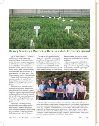 1 6 | N e b r a s k a F o r e s t S e r v i c e 2 0 1 4 				 n f s . u n l . e d u
KNOWN BY MANY AS THE VOICE
and face of the conservation tree
program, Dianna Rodocker of Halsey,
conservation tree program sales manag-
er at U.S. Forest Service Bessey Nursery,
received the State Forester’s Award.
Rodocker worked with the Nebraska
Forest Service (NFS) conservation trees
distribution for 24 years followed by 12
years with the U.S. Forest Service-Ne-
braska National Forests and Grasslands.
During her 36-year tenure, she coor-
dinated tree sales for nearly 76 mil-
lion seedlings, which converts to over
89,000 acres or 10,700 miles of wind-
breaks. 	
She loaded 20 to 25 trailer loads of
seedlings every year the old fashioned
way—by hand—and conveyed a warm
Sandhills welcome that was professional
and garnered respect from the clientele
she served. In the uncertain business of
growing tree seedlings, Rodocker had a
way of making “bad news seem not so
bad.”
The nursery has a long-standing
reputation for producing top-quality
planting stock due to its deep sandy
soils, abundant water and relatively long
growing season. Production facilities
and equipment are state-of-the-art.
Several NFS staff members were present for an award celebration to honor those dedicated to
serving natural resource conservation in Nebraska. Beth Hiatt, NRCS Kearney; Dianna Rodocker,
conservation tree program sales manager at U.S. Forest Service Bessey Nursery in Halsey; Jay
Seaton, NFS Lower Platte South NRD forester; Constance Miller, Nebraska NRCS, who received
an award for her years of dedicated service to the Charles E. Bessey Nursery Advisory and Tree
Conservation Group, Nebraska NRCS Field Offices and the Nebraska Natural Resource Districts;
NFS District Forester Rich Woollen; Troy Pabst, NFS forestry properties manager; Sandy Benson,
forest fuels management specialist; District Forester Rachel Allison.
Bessey Nursery’s Rodocker Receives State Forester’s Award
On 46 acres of irrigated seedbeds,
along with a controlled environment
greenhouse, the nursery is capable of
producing 4.5 million bareroot coni-
fer and hardwood seedlings each year,
serves as a seed bank for the Rocky
Mountain Region and is a source of con-
tainer-grown seedlings. A 4,000-square-
foot greenhouse provides an annual
production capability of up to 380,000
seedlings.
Current production is 2.5 million
seedlings. Seeds are used to grow seed-
lings for customers requesting seedlings
or shipped to customers expecting to
directly sow the seed.
On 46 acres of irrigated seedbeds, along with a controlled environment greenhouse, the
U.S. Forest Service Bessey Nursery is capable of producing 4.5 million bareroot conifer and
hardwood seedlings each year. (USFS)
 