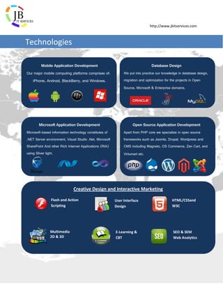 http://www.jbitservices.com
Technologies
Mobile Application Development
Our major mobile computing platforms comprises of:
iPhone, Android, BlackBerry, and Windows.
Microsoft Application Development
Microsoft-based information technology constitutes of
.NET Server environment, Visual Studio .Net, Microsoft
SharePoint And other Rich Internet Applications (RIA)
using Sliver light.
Database Design
We put into practice our knowledge in database design,
migration and optimization for the projects in Open
Source, Microsoft & Enterprise domains.
Open Source Application Development
Apart from PHP core we specialize in open source
frameworks such as Joomla, Drupal, Wordpress and
CMS including Magneto, OS Commerce, Zen Cart, and
Virtumart etc.
Creative Design and Interactive Marketing
Flash and Action
Scripting
User Interface
Design
HTML/CSSand
W3C
Multimedia
2D & 3D
E-Learning &
CBT
SEO & SEM
Web Analytics
 
