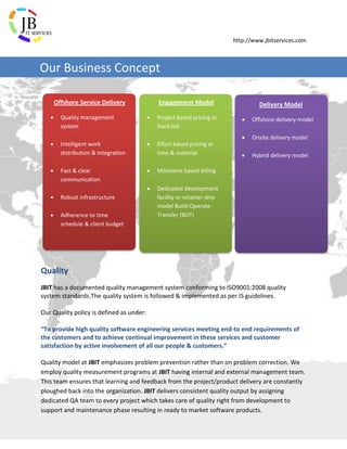 http://www.jbitservices.com
Quality
JBIT has a documented quality management system conforming to ISO9001:2008 quality
system standards.The quality system is followed & implemented as per IS guidelines.
Our Quality policy is defined as under:
“To provide high quality software engineering services meeting end-to end requirements of
the customers and to achieve continual improvement in these services and customer
satisfaction by active involvement of all our people & customers.”
Quality model at JBIT emphasizes problem prevention rather than on problem correction. We
employ quality measurement programs at JBIT having internal and external management team.
This team ensures that learning and feedback from the project/product delivery are constantly
ploughed back into the organization. JBIT delivers consistent quality output by assigning
dedicated QA team to every project which takes care of quality right from development to
support and maintenance phase resulting in ready to market software products.
Our Business Concept
Offshore Service Delivery
 Quality management
system
 Intelligent work
distribution & integration
 Fast & clear
communication
 Robust infrastructure
 Adherence to time
schedule & client budget
Engagement Model
 Project based pricing or
fixed bid
 Effort based pricing or
time & material
 Milestone based billing
 Dedicated development
facility or retainer-ship
model Build-Operate-
Transfer (BOT)
Delivery Model
 Offshore delivery model
 Onsite delivery model
 Hybrid delivery model
 