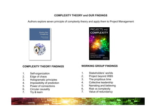 COMPLEXITY THEORY and OUR FINDINGS

      Authors explore seven principle of complexity theory and apply them to Project Management




COMPLEXITY THEORY FINDINGS                         WORKING GROUP FINDINGS

1.     Self-organization                           1.    Stakeholders’ worlds
2.     Edge of chaos                               2.    Project beyond WBS
3.     Hologramatic principles                     3.    The propitious time
4.     Impossibility of prediction                 4.    Collective leadership
5.     Power of connections                        5.    Narrating and believing
6.     Circular causality                          6.    Risk vs complexity
7.     Try & learn                                 7.    Value of redundancy
 