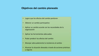 Objetivos del cambio planeado
• Lograr que los efectos del cambio perduren
• Obtener un cambio participativo
• Aplicar un cambio acorde con las necesidades de la
organización
• Aplicar las herramientas adecuadas
• Poder predecir los efectos del cambio
• Manejar adecuadamente la resistencia al cambio
• Alcanzar la situación deseada a través de acciones prácticas
y seguras
 