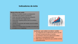 Indicadores de éxito
Condiciones para realizar con éxito el cambio:
• Los integrantes de la organización tienen que ser
la fuente fundamental para el cambio.
• Los miembros clave de la organización deben
reconocer la necesidad del cambio
• Debe existir una disposición para cambiar normas
y procedimientos.
Manejo eficaz del cambio
• Motivar el cambio creando una disposición
favorable para superar la resistencia
• Crear una visión compartida de la situación
futura deseada de la organización
• Desarrollar respaldo político para los cambios
necesarios
• manejar la transición del estado actual al estado
futuro deseado
• sostener el impulso para el cambio, de modo que
se realice en su integridad.
 