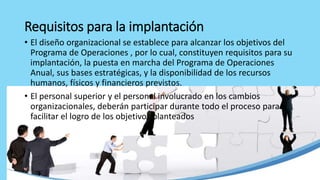 Requisitos para la implantación
• El diseño organizacional se establece para alcanzar los objetivos del
Programa de Operaciones , por lo cual, constituyen requisitos para su
implantación, la puesta en marcha del Programa de Operaciones
Anual, sus bases estratégicas, y la disponibilidad de los recursos
humanos, físicos y financieros previstos.
• El personal superior y el personal involucrado en los cambios
organizacionales, deberán participar durante todo el proceso para
facilitar el logro de los objetivos planteados
 