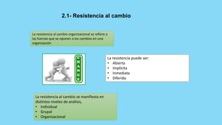 2.1- Resistencia al cambio
La resistencia al cambio organizacional se refiere a
las fuerzas que se oponen a los cambios en una
organización
La resistencia puede ser:
• Abierta
• Implícita
• Inmediata
• Diferida
La resistencia al cambio se manifiesta en
distintos niveles de análisis,
• Individual
• Grupal
• Organizacional
 
